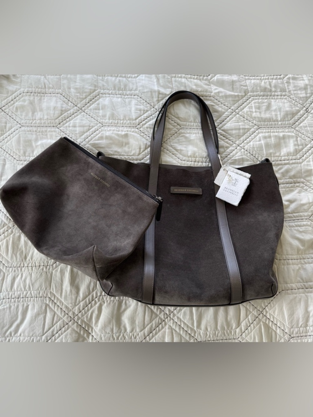 Brunello Cucinelli Taupe Suede and Leather Reversible Tote with Monili NWT
